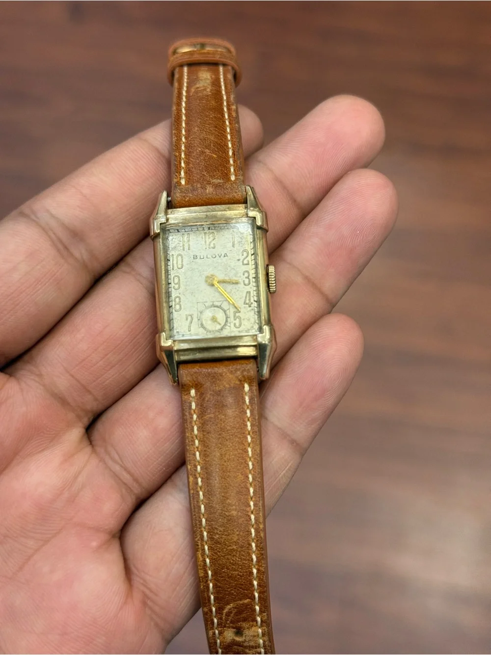 Bulova vintage 10k gold  Rectangular  Watch with Brown Leather Strap rare unisex